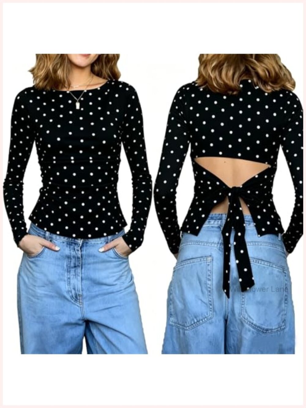 Women Polka Dot Long Sleeve Boat Neck Tie Back Ruched Slim Fit Blouse